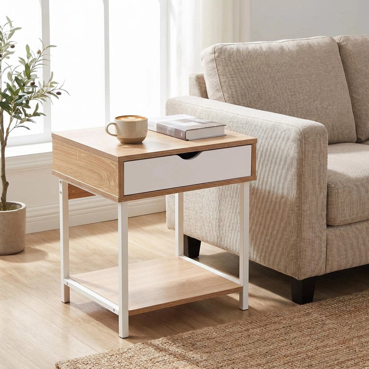 JJS Side End Table, Nightstand, Bedside Table with Drawer and Storage Shelves, Sofa Table for Living Room, Bedroom, Accent Furniture, Easy Assembly, Oak/White
