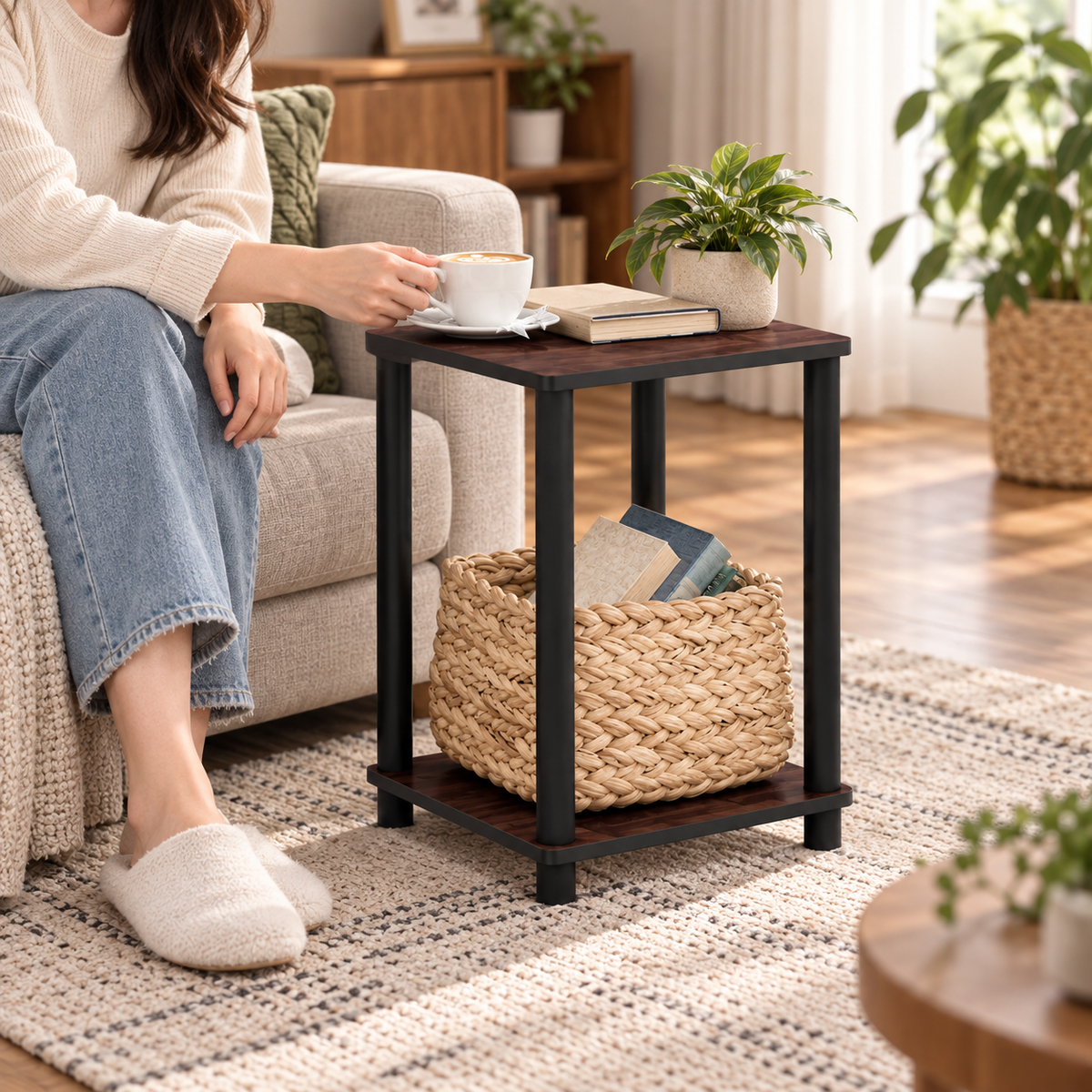 Compact 2-Tier Sofa Side Table