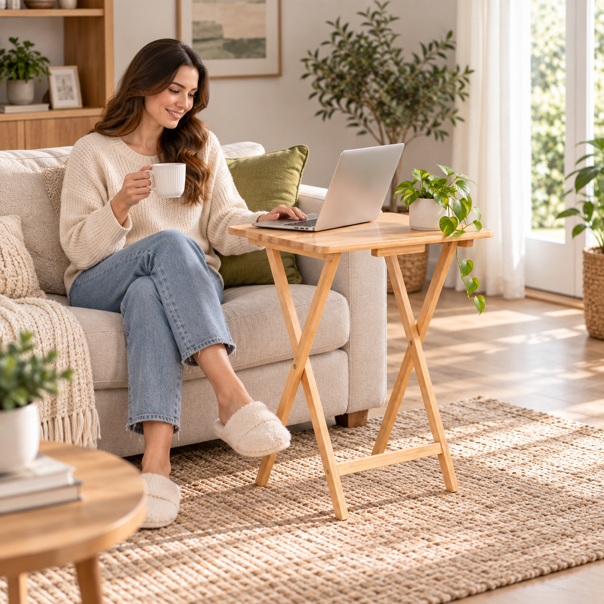 Natural Wood Folding Tray Table